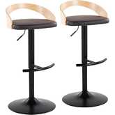 Grotto Adjustable Swivel Bar Stool in Black Metal, Natural Wood & Brown Leatherette (Set of 2)